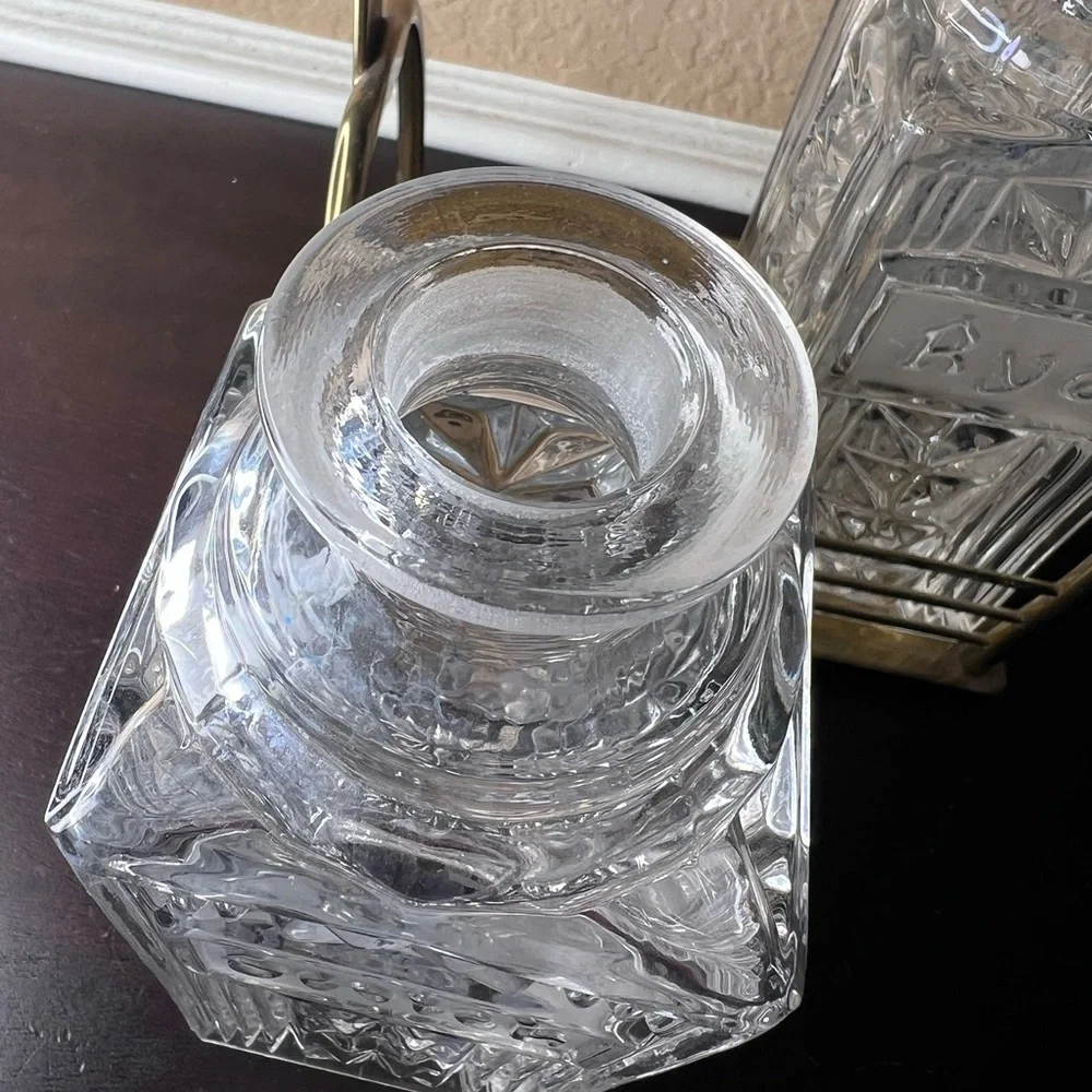 Mid-Century Brass Locking Scotch & Rye Decanter Set w/ Caddy and Keys